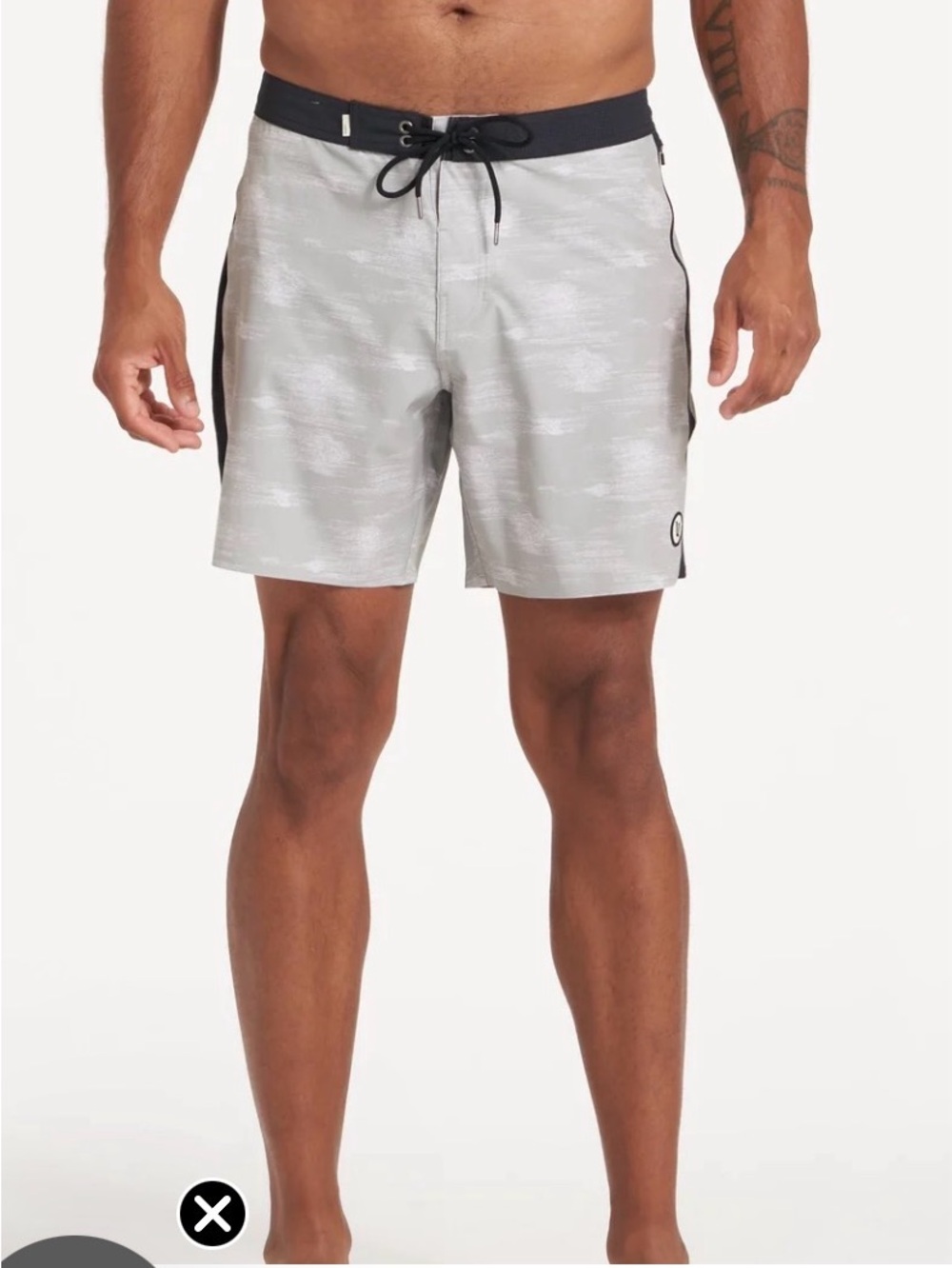 Vuori Light Gray Swim Peak Board Shorts with Black Waistband